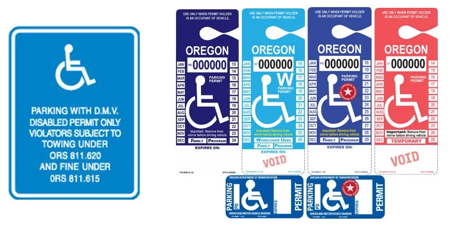 Various disabled parking signs and permits