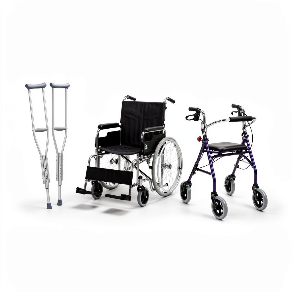 Medical equipment including crutches, wheelchair, and walker